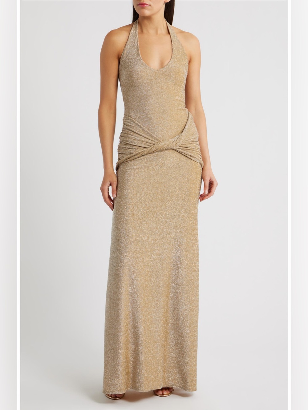 Delfi Collective Soraya Metallic Jersey Halter Column Gown Gold